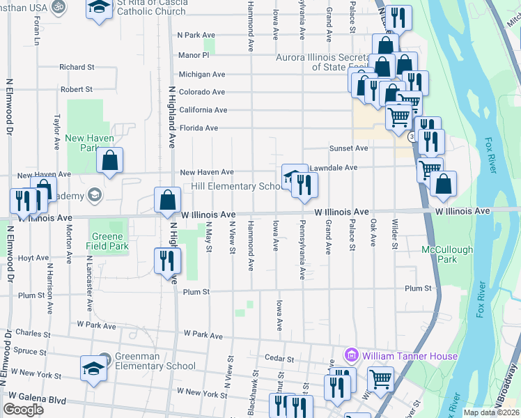 map of restaurants, bars, coffee shops, grocery stores, and more near 652 Hammond Avenue in Aurora