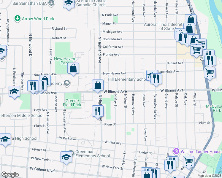 map of restaurants, bars, coffee shops, grocery stores, and more near 650 North May Street in Aurora