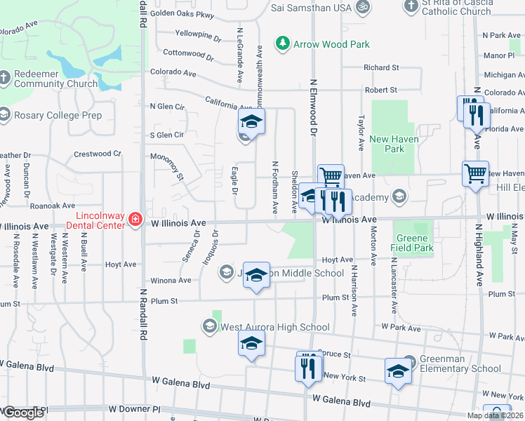 map of restaurants, bars, coffee shops, grocery stores, and more near 705 North Commonwealth Avenue in Aurora
