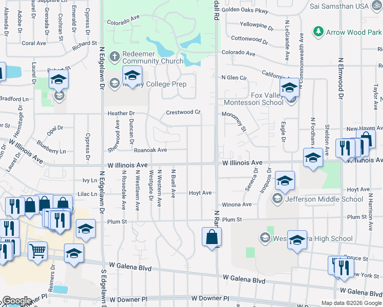 map of restaurants, bars, coffee shops, grocery stores, and more near 1433 West Illinois Avenue in Aurora