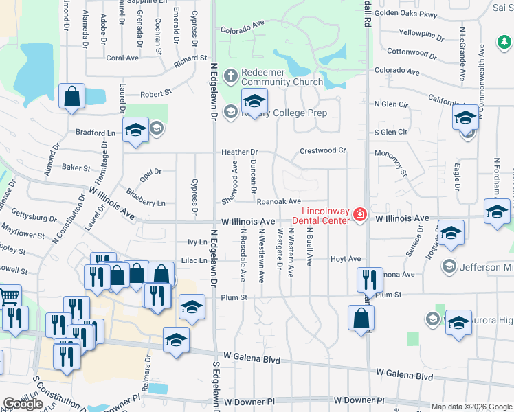 map of restaurants, bars, coffee shops, grocery stores, and more near 1641 West Illinois Avenue in Aurora