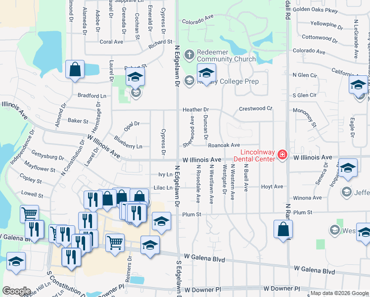 map of restaurants, bars, coffee shops, grocery stores, and more near 707 North Edgelawn Drive in Aurora