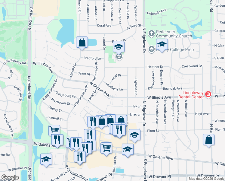 map of restaurants, bars, coffee shops, grocery stores, and more near 1970 Blueberry Lane in Aurora