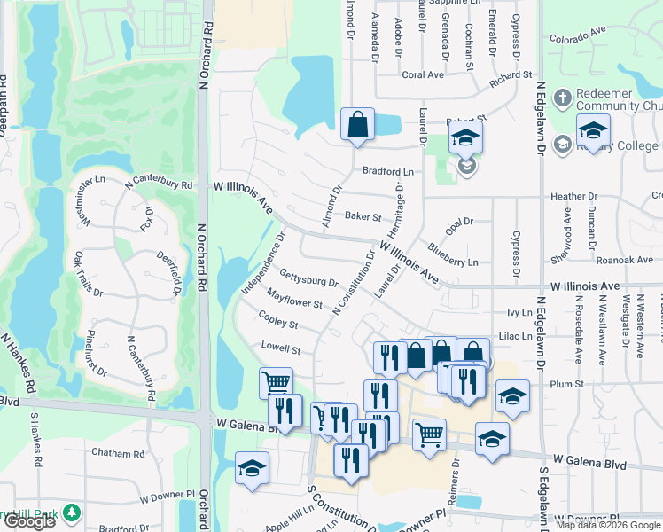 map of restaurants, bars, coffee shops, grocery stores, and more near 2231 Gettysburg Drive in Aurora