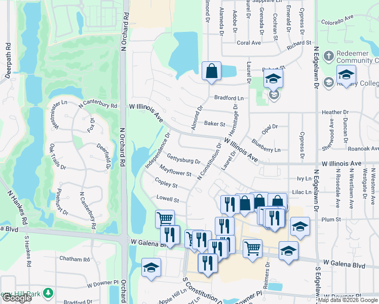 map of restaurants, bars, coffee shops, grocery stores, and more near 2231 Gettysburg Drive in Aurora