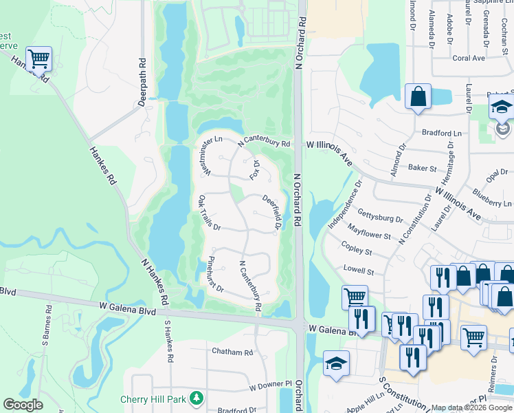 map of restaurants, bars, coffee shops, grocery stores, and more near 2480 Clovertree Court in Aurora