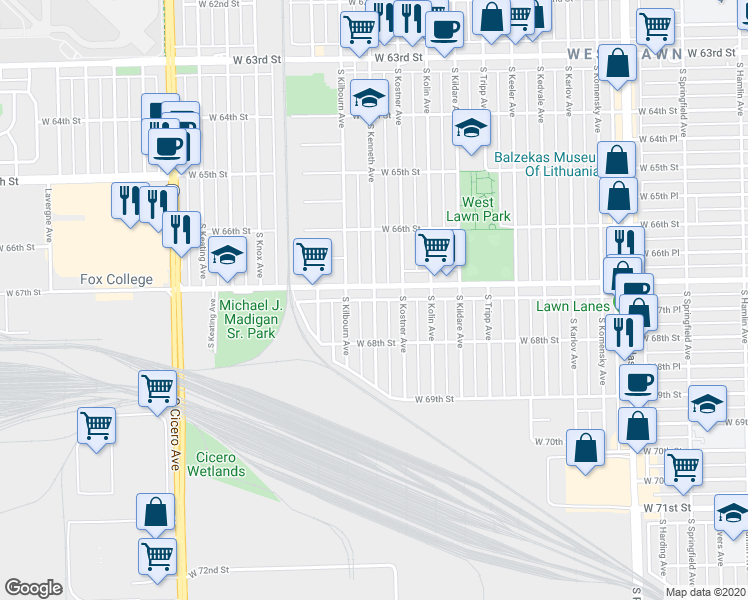 map of restaurants, bars, coffee shops, grocery stores, and more near 6712 South Kenneth Avenue in Chicago