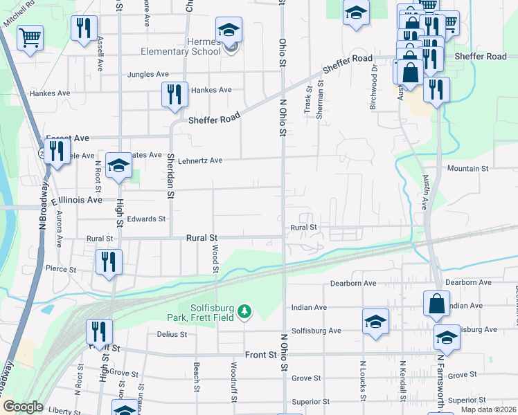 map of restaurants, bars, coffee shops, grocery stores, and more near 964 Edwards Street in Aurora