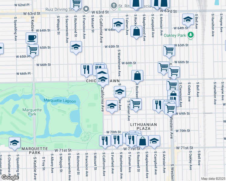 map of restaurants, bars, coffee shops, grocery stores, and more near 6727 South California Avenue in Chicago
