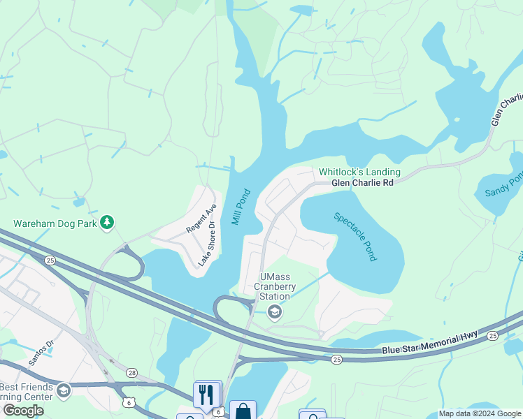 map of restaurants, bars, coffee shops, grocery stores, and more near 6 Lake Shore Drive in Wareham