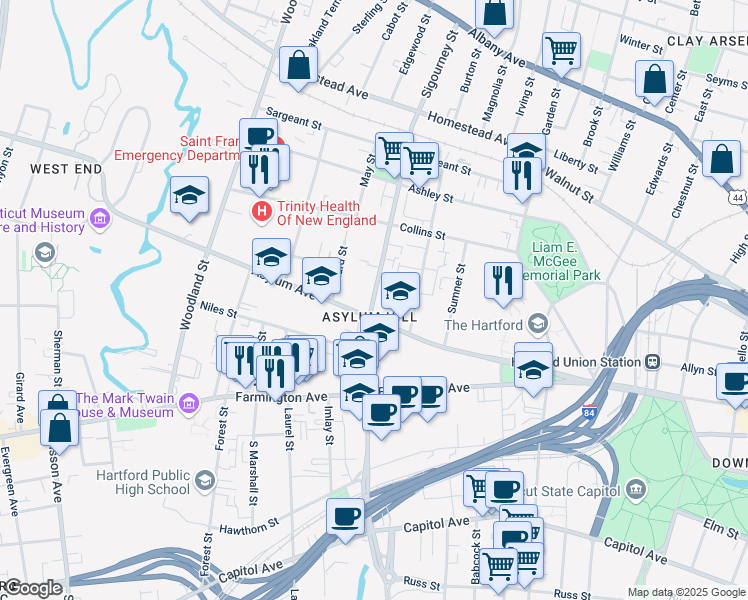 map of restaurants, bars, coffee shops, grocery stores, and more near Sigourney Street in Hartford