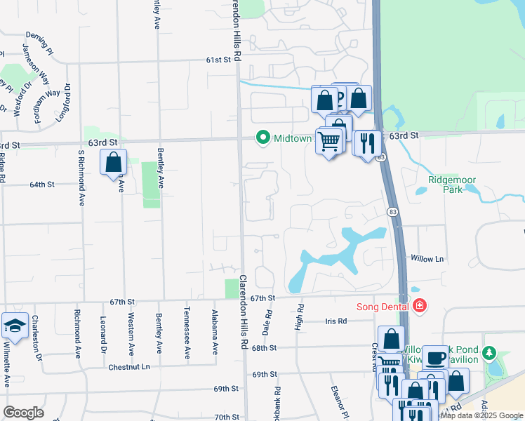 map of restaurants, bars, coffee shops, grocery stores, and more near 6503 Clarendon Hills Road in Willowbrook