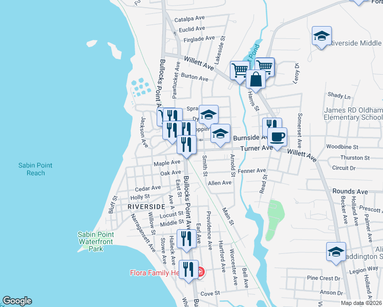 map of restaurants, bars, coffee shops, grocery stores, and more near 30 Dorr Avenue in East Providence