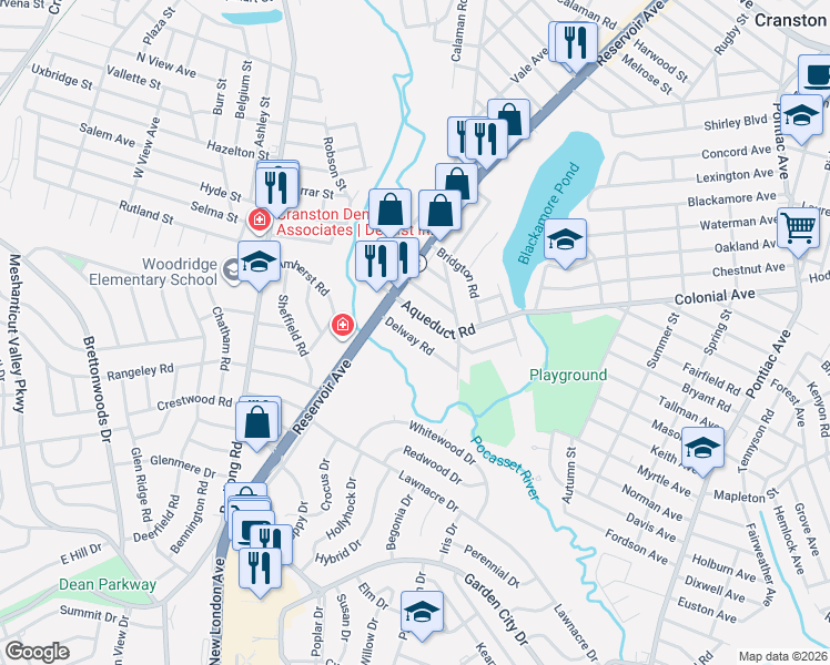 map of restaurants, bars, coffee shops, grocery stores, and more near 54 Delway Road in Cranston