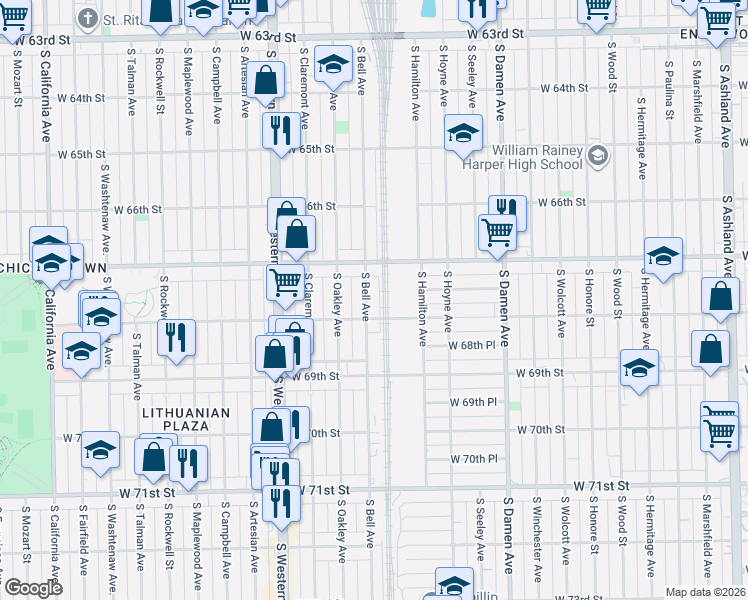 map of restaurants, bars, coffee shops, grocery stores, and more near 6751 South Bell Avenue in Chicago
