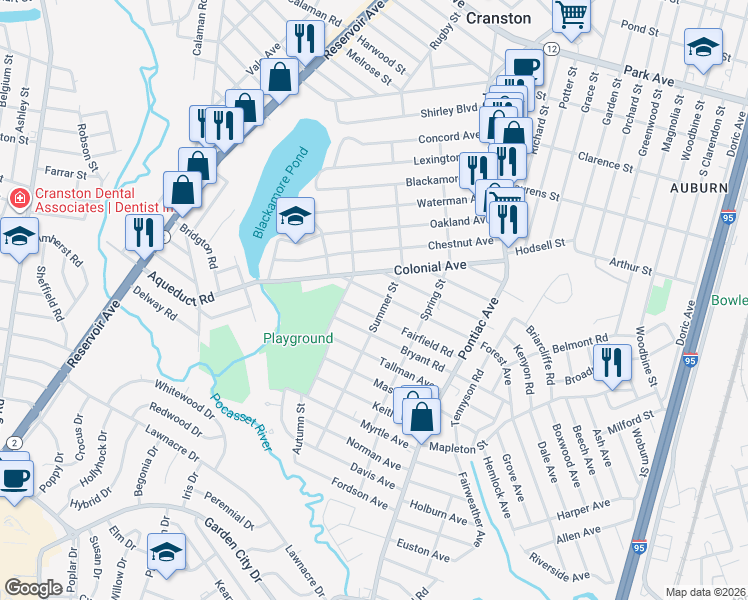 map of restaurants, bars, coffee shops, grocery stores, and more near 100 Summer Street in Cranston
