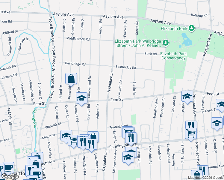 map of restaurants, bars, coffee shops, grocery stores, and more near 7 Foxcroft Road in West Hartford