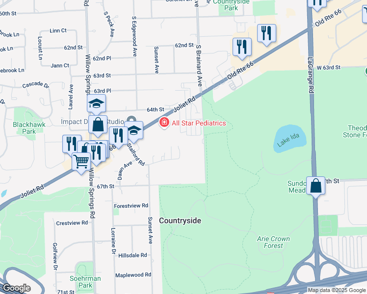 map of restaurants, bars, coffee shops, grocery stores, and more near 6670 South Brainard Avenue in Countryside