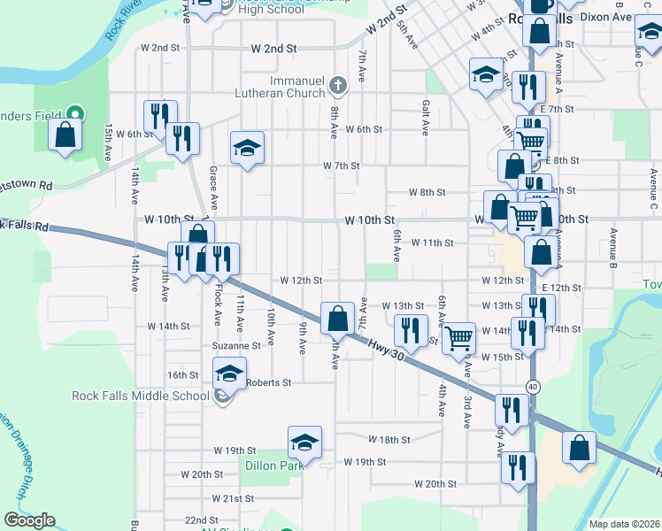 map of restaurants, bars, coffee shops, grocery stores, and more near 1109 8th Avenue in Rock Falls