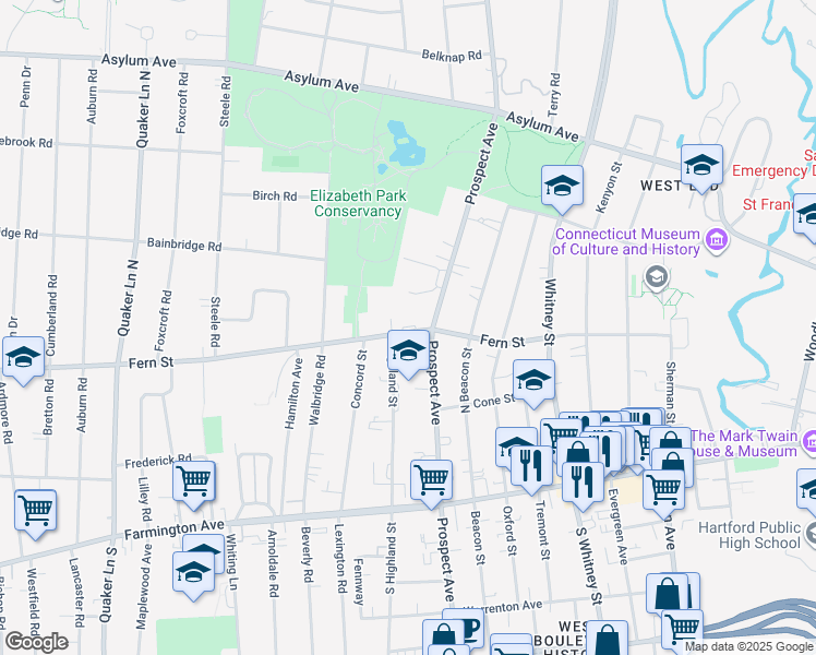 map of restaurants, bars, coffee shops, grocery stores, and more near in West Hartford