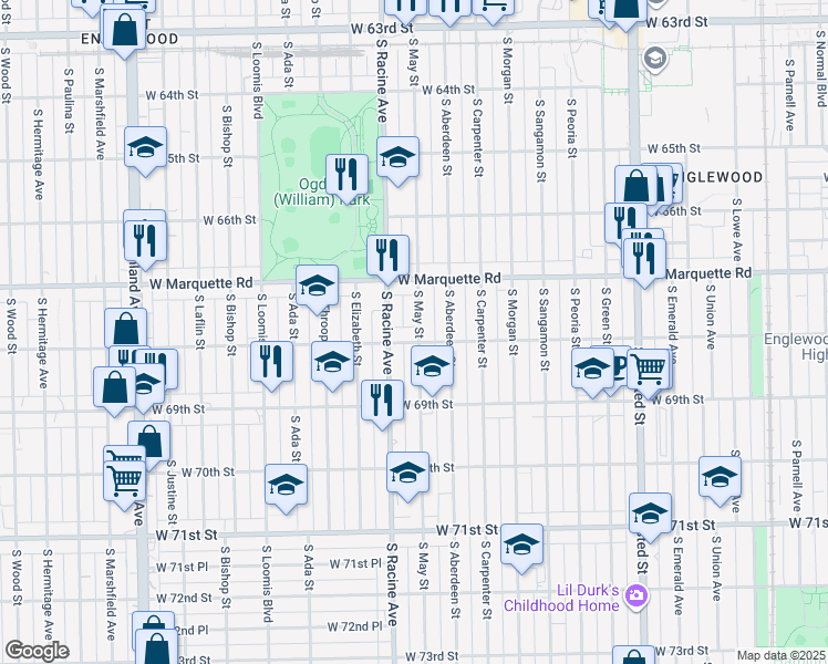map of restaurants, bars, coffee shops, grocery stores, and more near 6803 South May Street in Chicago