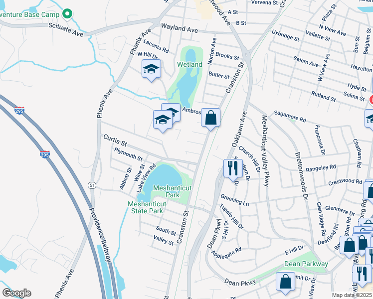 map of restaurants, bars, coffee shops, grocery stores, and more near 18 Adams Street in Cranston