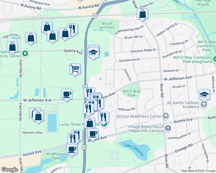 map of restaurants, bars, coffee shops, grocery stores, and more near 139 South Testa Drive in Naperville