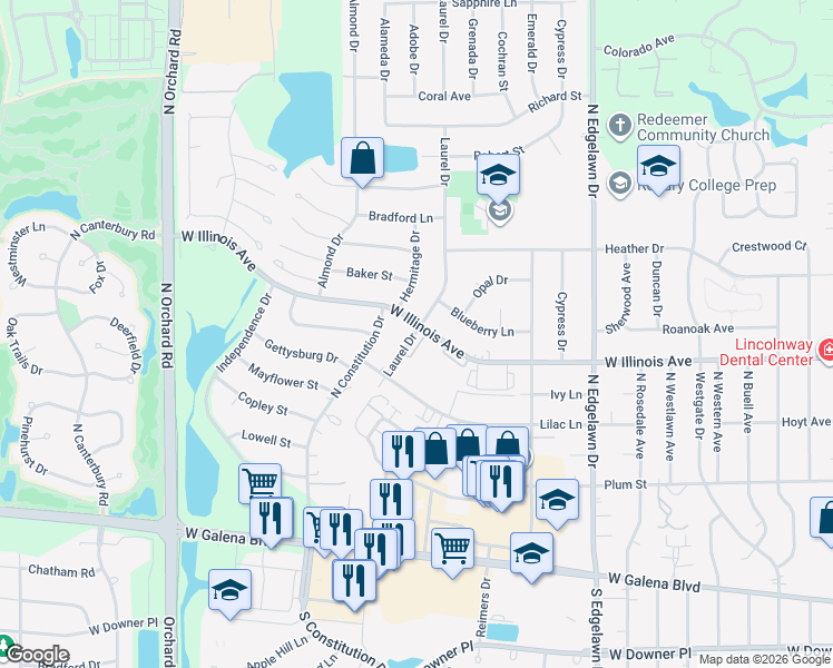 map of restaurants, bars, coffee shops, grocery stores, and more near 680 Laurel Drive in Aurora