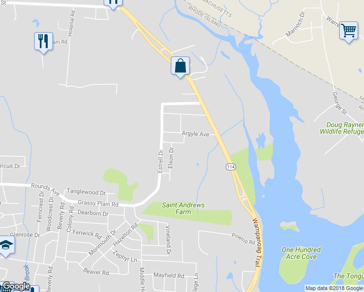 map of restaurants, bars, coffee shops, grocery stores, and more near 50 Temple Drive in East Providence