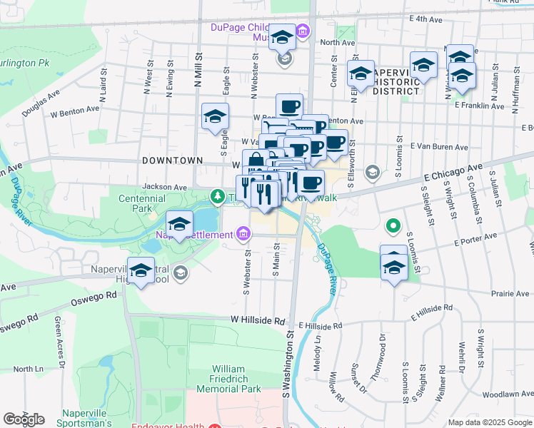 map of restaurants, bars, coffee shops, grocery stores, and more near 126 Water Street in Naperville