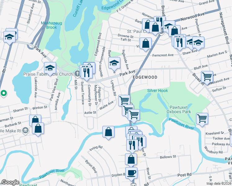 map of restaurants, bars, coffee shops, grocery stores, and more near 65 Lyndon Road in Cranston