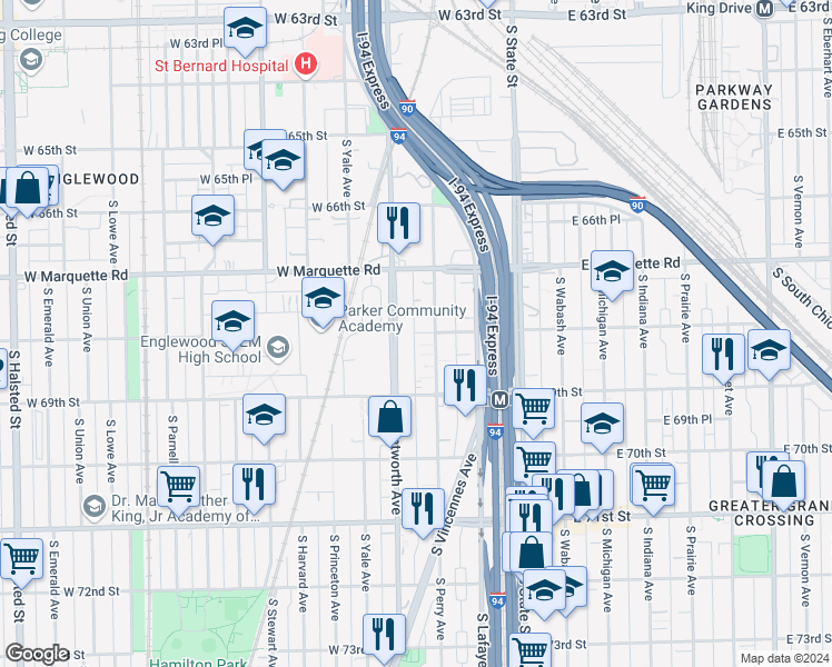 map of restaurants, bars, coffee shops, grocery stores, and more near 199 West 68th Street in Chicago