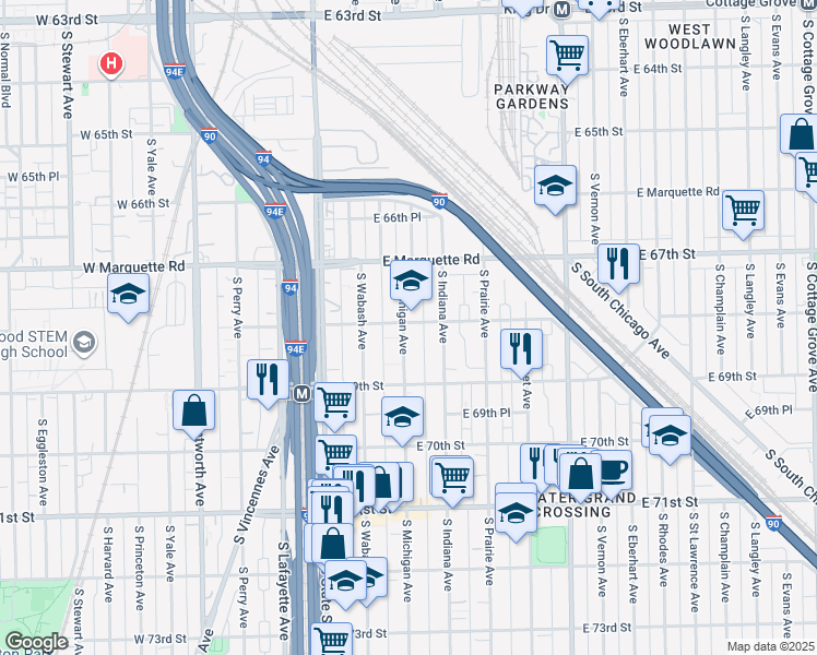map of restaurants, bars, coffee shops, grocery stores, and more near 6812 South Indiana Avenue in Chicago