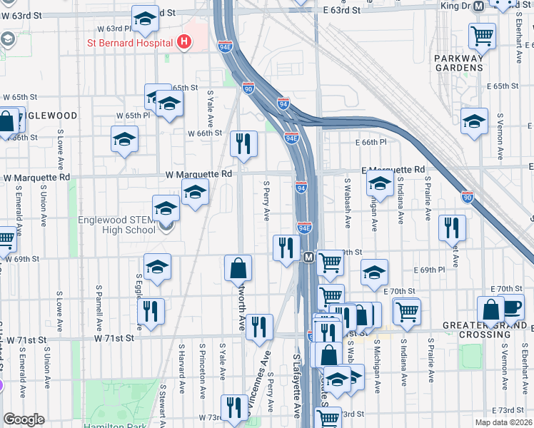 map of restaurants, bars, coffee shops, grocery stores, and more near S Perry Ave & W 68th St in Chicago