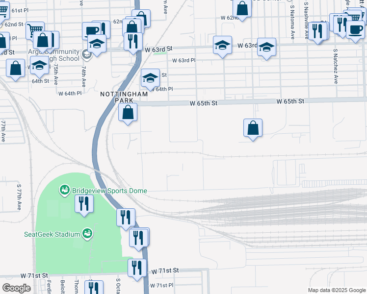 map of restaurants, bars, coffee shops, grocery stores, and more near 7025 66th Place in Bedford Park