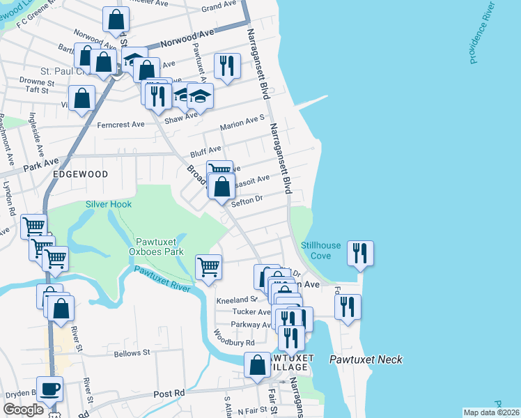 map of restaurants, bars, coffee shops, grocery stores, and more near 78 Strathmore Road in Cranston