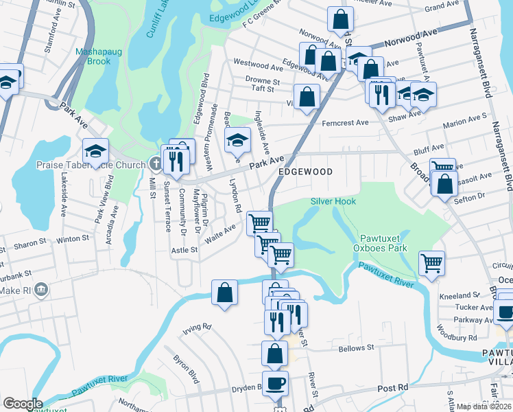 map of restaurants, bars, coffee shops, grocery stores, and more near in Cranston