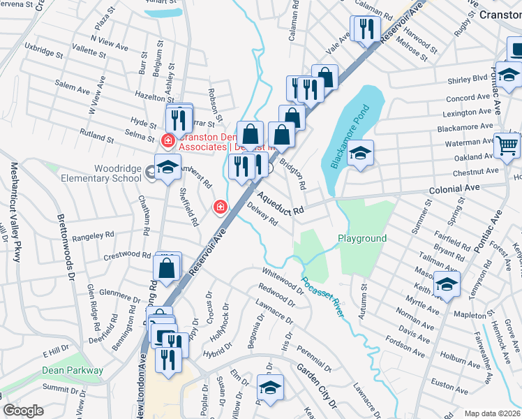 map of restaurants, bars, coffee shops, grocery stores, and more near 54 Delway Road in Cranston