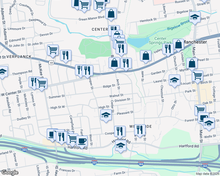 map of restaurants, bars, coffee shops, grocery stores, and more near 18 Cedar Street in Manchester