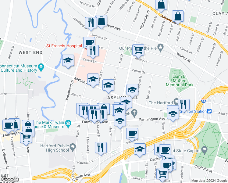 map of restaurants, bars, coffee shops, grocery stores, and more near 896 Asylum Avenue in Hartford
