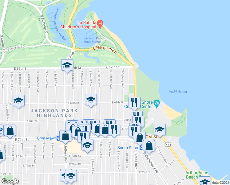 map of restaurants, bars, coffee shops, grocery stores, and more near 6840 South Crandon Avenue in Chicago
