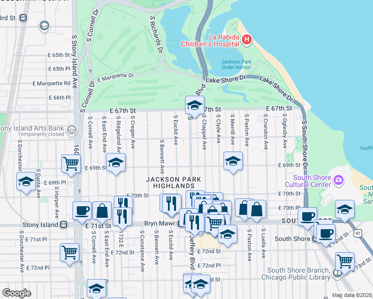 map of restaurants, bars, coffee shops, grocery stores, and more near 6837 South Euclid Avenue in Chicago