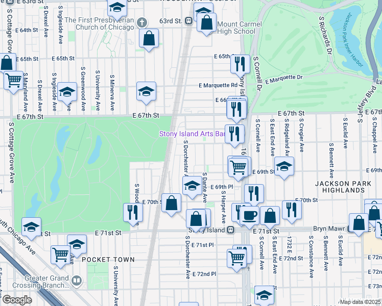 map of restaurants, bars, coffee shops, grocery stores, and more near 6831 South Dorchester Avenue in Chicago