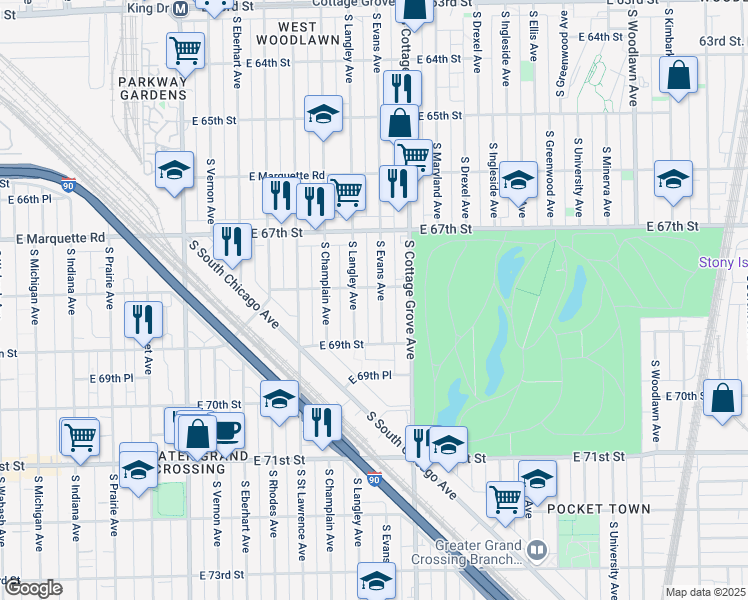 map of restaurants, bars, coffee shops, grocery stores, and more near 6830 South Evans Avenue in Chicago