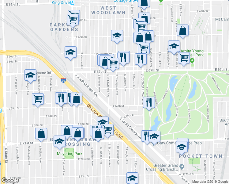map of restaurants, bars, coffee shops, grocery stores, and more near 6823 South Champlain Avenue in Chicago