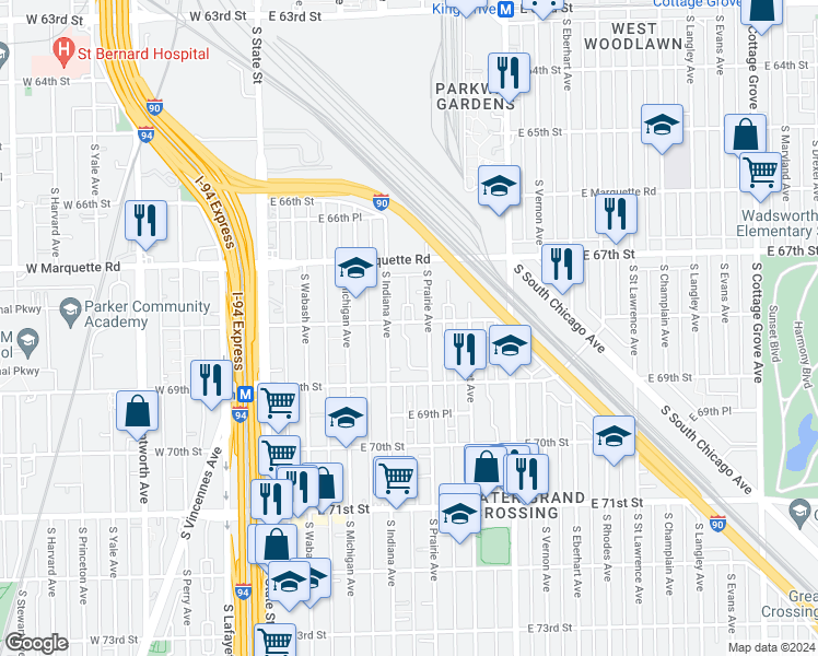 map of restaurants, bars, coffee shops, grocery stores, and more near 6817 South Indiana Avenue in Chicago