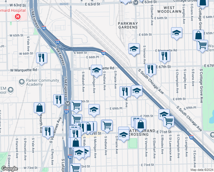 map of restaurants, bars, coffee shops, grocery stores, and more near 6817 South Indiana Avenue in Chicago
