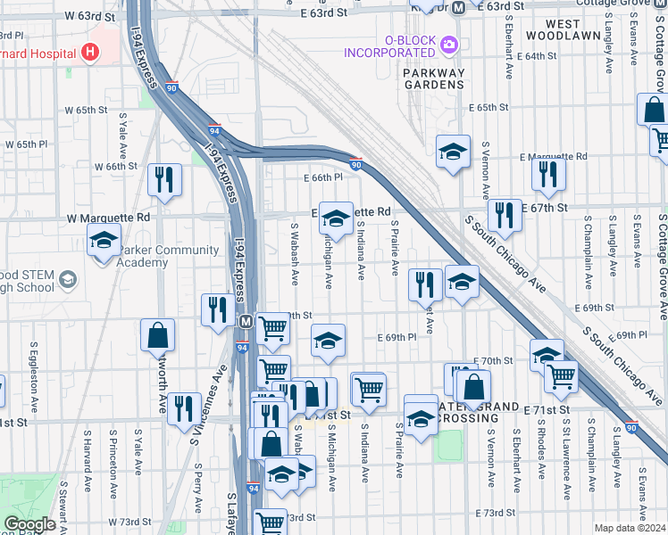 map of restaurants, bars, coffee shops, grocery stores, and more near 6812 South Indiana Avenue in Chicago