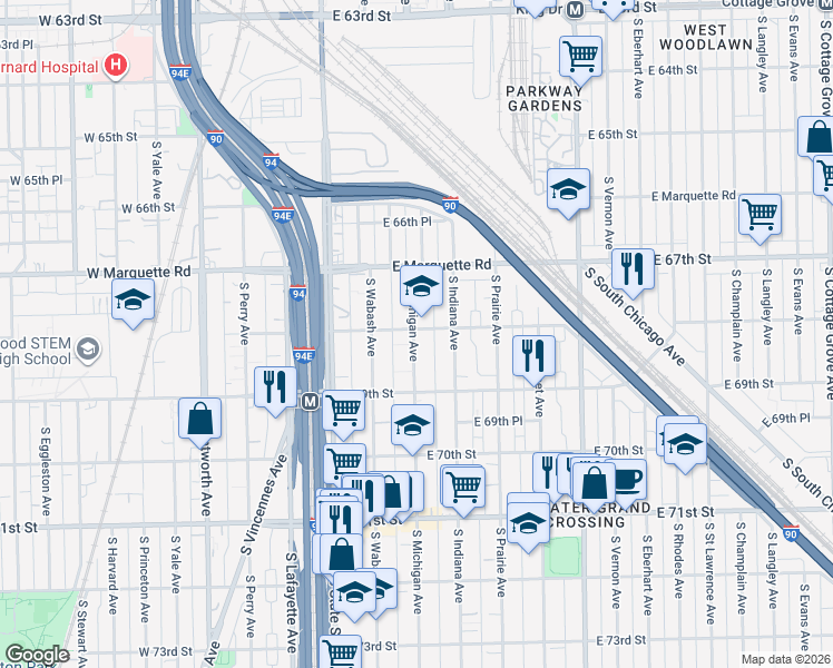 map of restaurants, bars, coffee shops, grocery stores, and more near 6812 South Indiana Avenue in Chicago