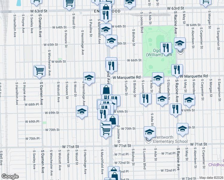 map of restaurants, bars, coffee shops, grocery stores, and more near 6758 South Justine Street in Chicago